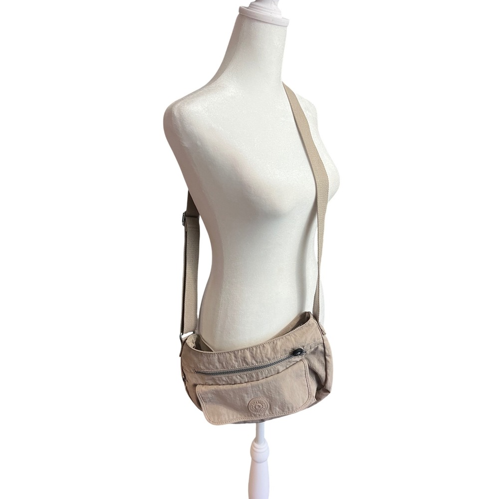 Kipling Beige Nylon Crossbody Bag Adjustable Strap Utility Shoulder Bag Tan